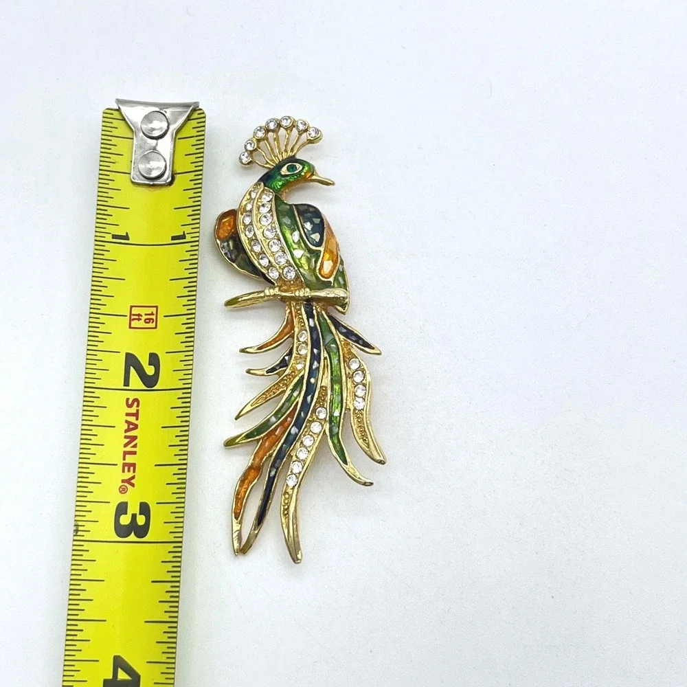 Vintage Enamel Peacock Brooch Gold Tone‎ Rhinestone Bird Statement Pin